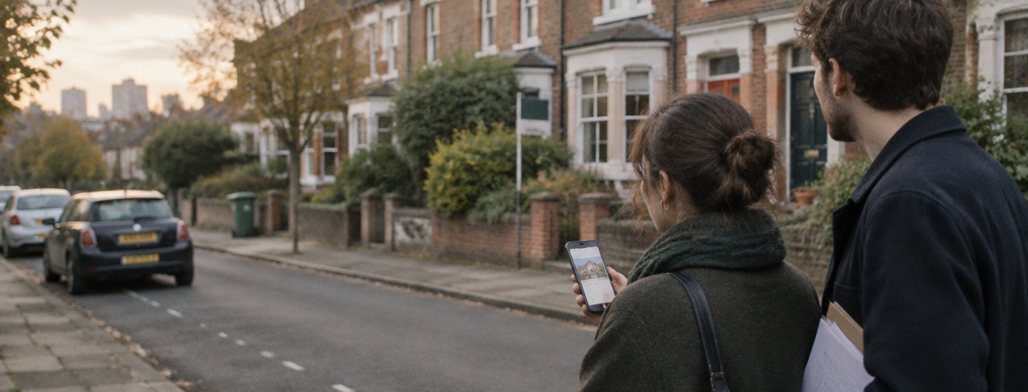 couple on the mobile phone looking at houses street